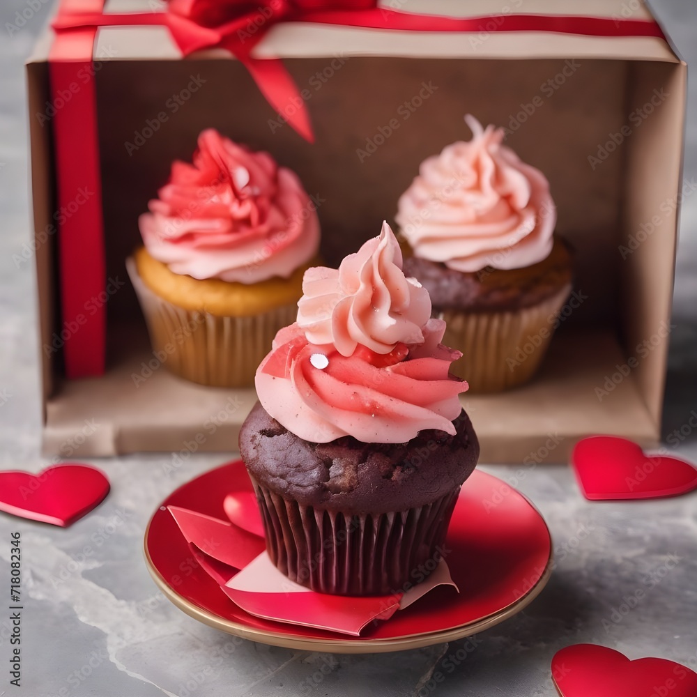 Valentine`s day greeting card with delicious sweet cupcakes and gift box on stone background.