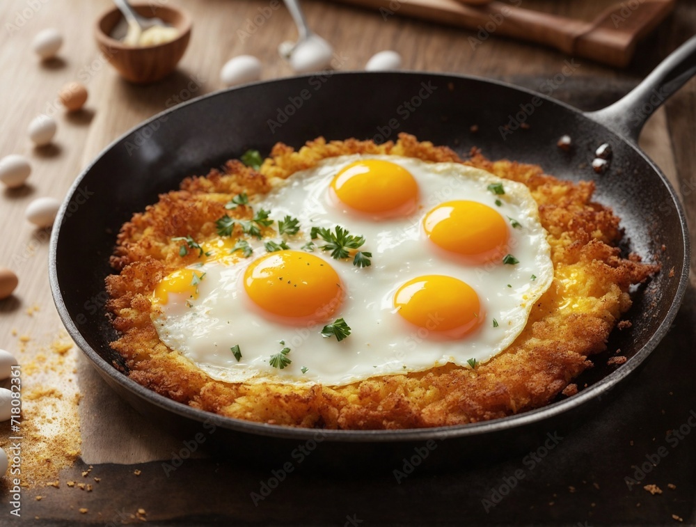 Fried eggs in a frying pan with vegetables. AI Generated. Fried eggs in a frying pan with vegetables. AI Generated.