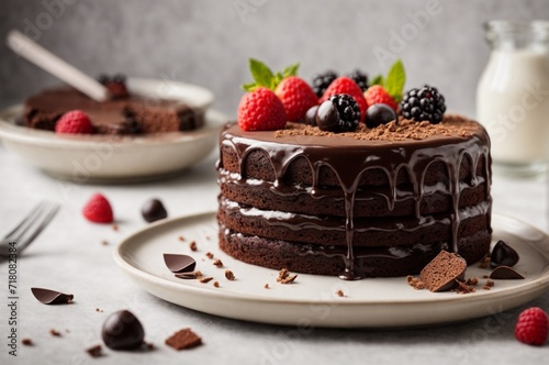 Tasty chocolate cake on dish. AI Generated.