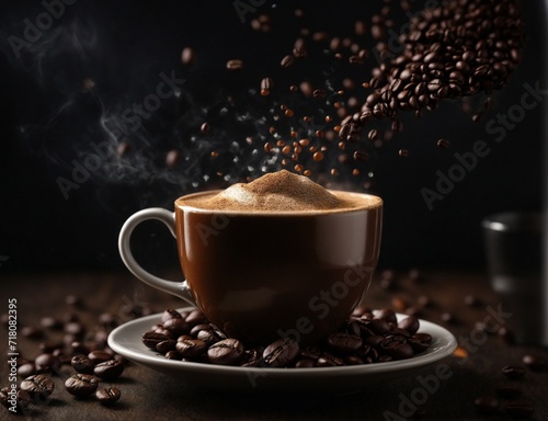 cup of coffee with many coffee beans. With smoke. AI Generated.