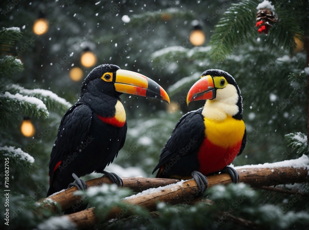 Fototapeta premium Bird Toucan on tree with snow. AI Generated.