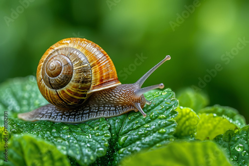 Close up of a snail on a green leaf