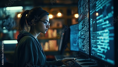 Cyber attack. Dark-haired dark-haired hacker wearing glasses sitting in front of the computer and looking concentrated photo