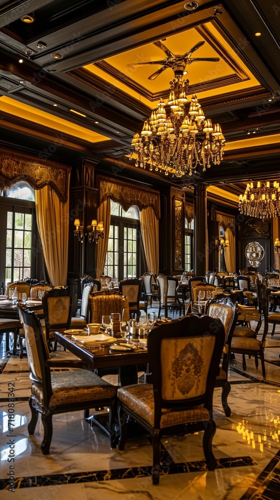 Regal dining experience with antique-style tables, luxurious chairs, and a touch of gold accents creating a majestic atmosphere