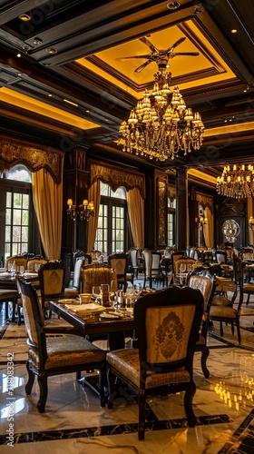 Regal dining experience with antique-style tables, luxurious chairs, and a touch of gold accents creating a majestic atmosphere