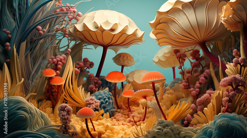 Futuristic fantasy floral composition of mushrooms, algae, flowers and other plants. Background with natural motif with warm lighting for design.