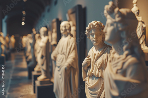 collection of artistic statues in a gallery, with each piece illuminated against a fancy modern blurry background, conveying the curated elegance of the exhibit