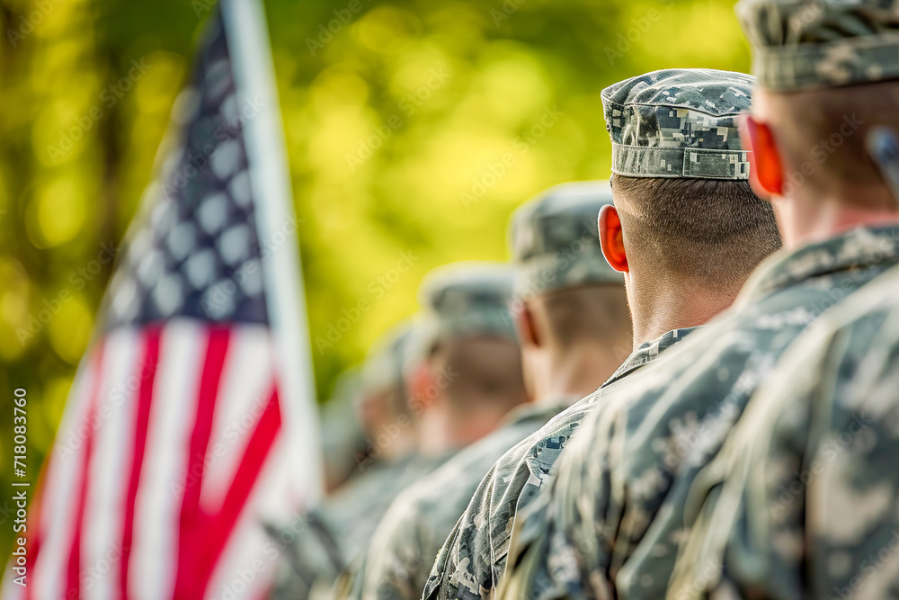 Soldiers pay homage next to the United States flag, May, Culture and Religion concept, generative ai Soldiers pay homage next to the United States flag, May, Culture and Religion concept, generative ai