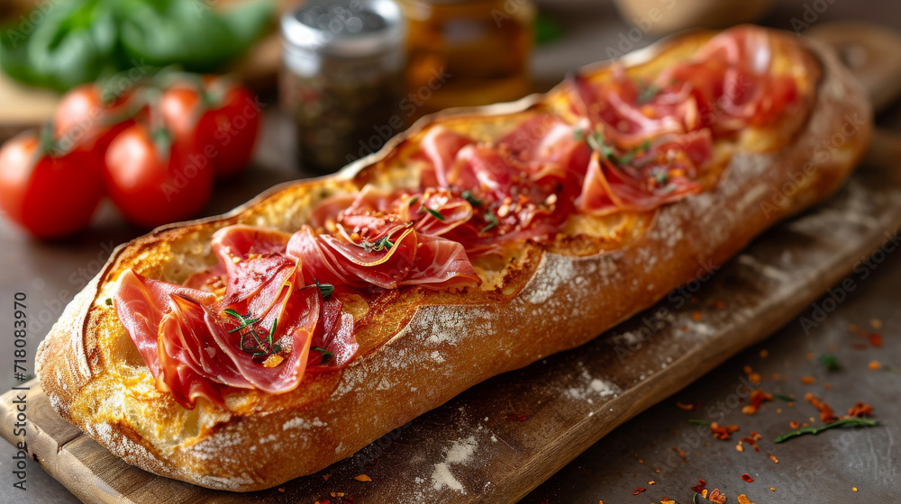 freshly baked ciabatta baquette with dryed ham 