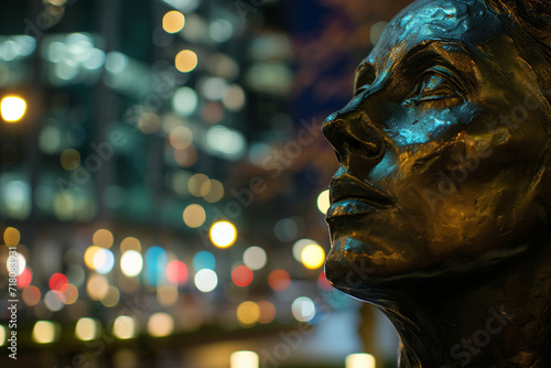 statue in an upscale urban setting, with the city lights creating a fancy modern blurry background, emphasizing the integration of art into the cosmopolitan environment