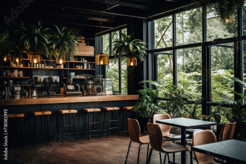 Stylish cafe interior with green plants and natural light © Geber86