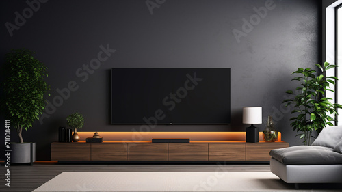a big smart tv in a darkened room. © Samvel