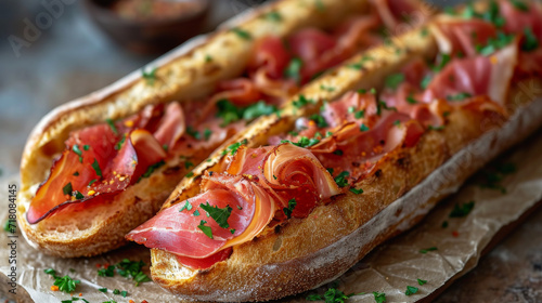 freshly baked ciabatta baquette with dryed ham 