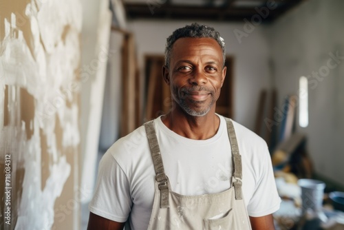 Portrait of a middle-aged construction worker in a renovated room