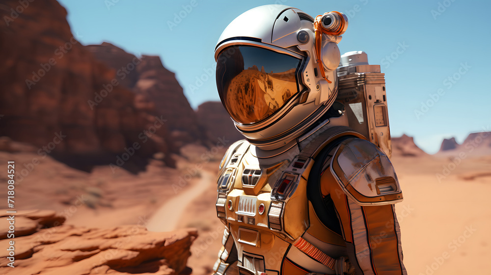Astronaut Standing on the Rocky Mountain of the Alien Red Planet Mars. Astronaut Standing on the Rocky Mountain of the Alien Red Planet Mars.