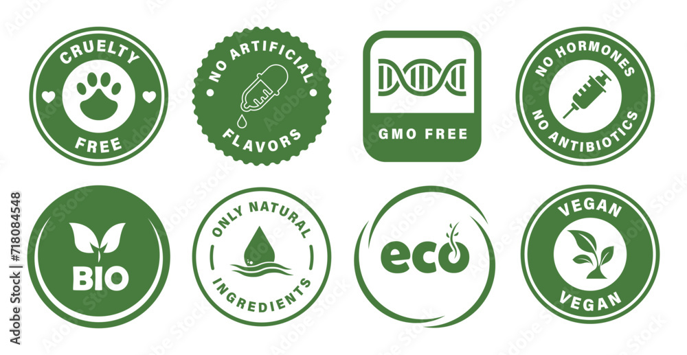 Collection of vector labels for product package. Cruelty free, GMO free, no hormones, bio, eco, vegan.
