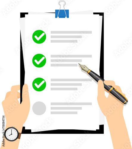 Checklist for filling out a sheet with ticks in the clipboard, hand fills in the task, eps10
