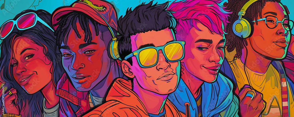 Obraz premium Vivid active teenagers together in modern youth clothes, bright background. Gen z people