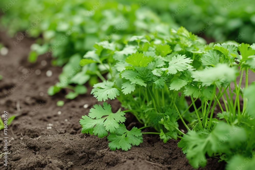 Green mature cilantro grows in the open ground Green mature cilantro grows in the open ground