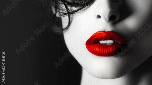 The black and white portrait of a girl  the lips accentuated in red
