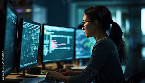 Side view of young female programmer in eyeglasses working on computer at night