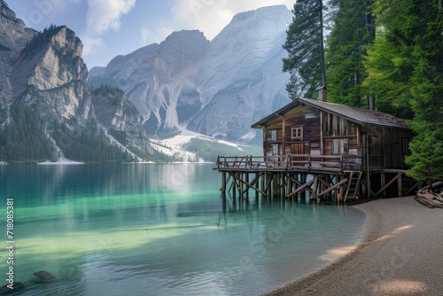 Landscape lake with a small house on the shore and a boat on the background of rocks