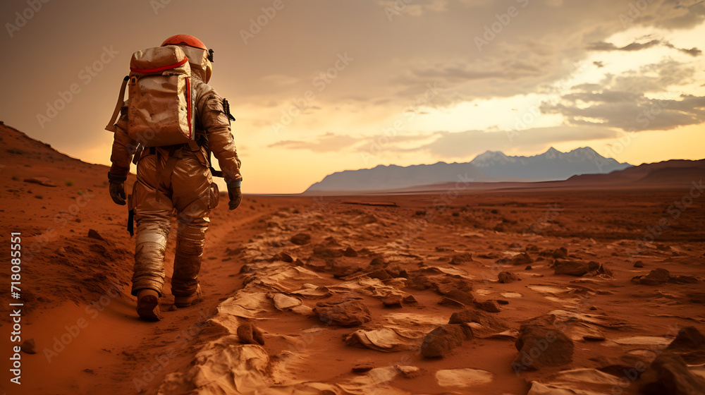 Astronaut Standing on the Rocky Mountain of the Alien Red Planet Mars.