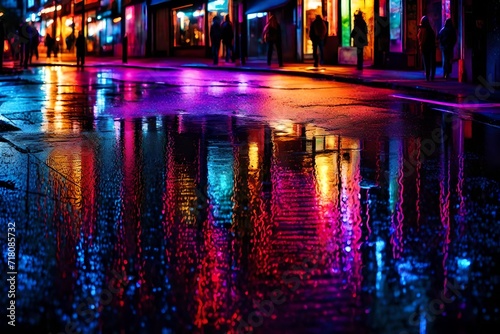 Abstract neon lights reflected on wet pavement
