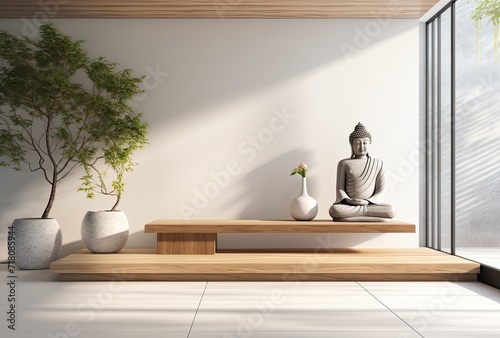 Buddha statue in modern living room with white walls and wooden floor. 3d rendering
