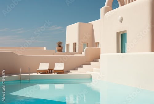 Swimming pool with sunbeds on the background of the villa © PixStudio