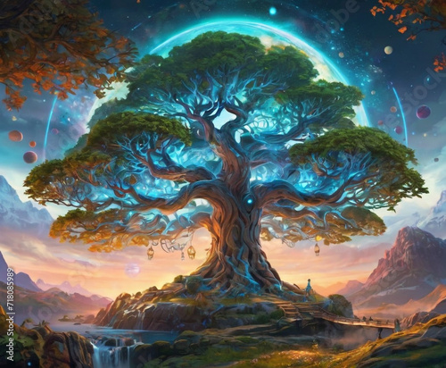 The shining tree of life. Colorful sacred tree of Scandinavian mythology, twisted trunk and lush green leaves. Fruits hang from its branches, and a shining orb is mounted in the center of the trunk.