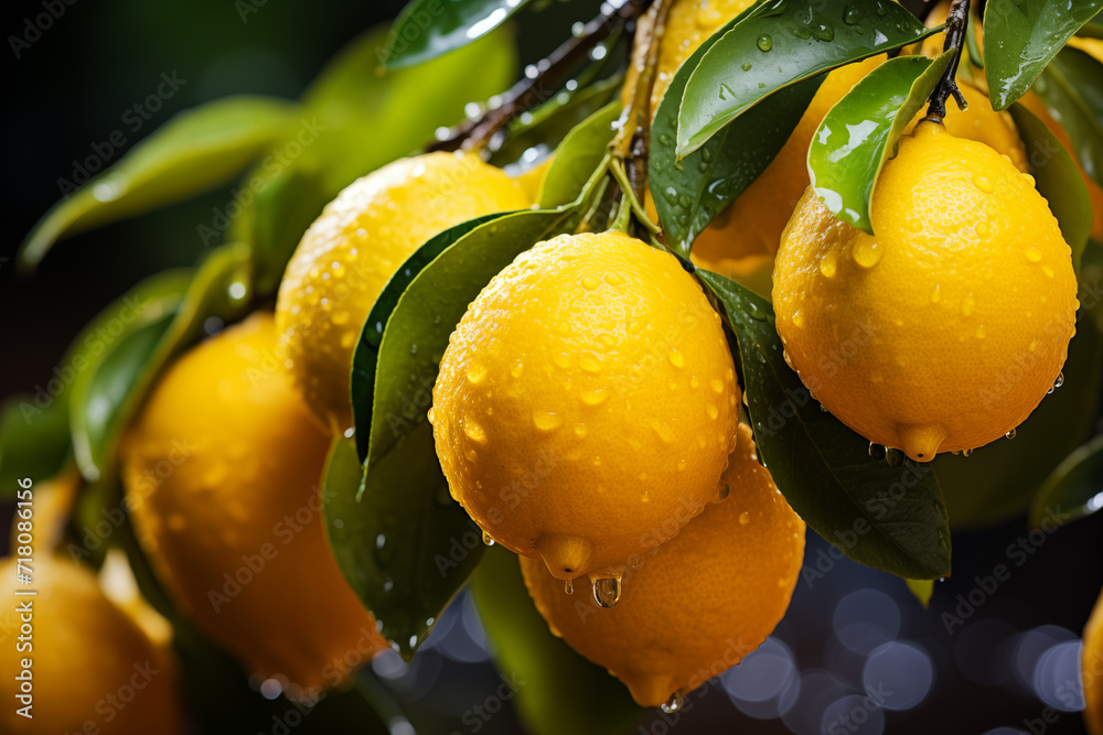 Juicy lemons glistening with raindrops grow on the trees. Lemon farm agriculture