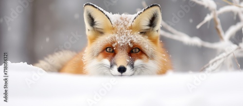 A captive Red Fox (Vulpes vulpes) sits motionless in the snow, its head cocked to one side, curious and observant of its surroundings. © Sona