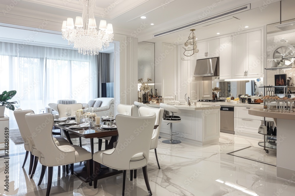 Elegant White Kitchen and Dining Space