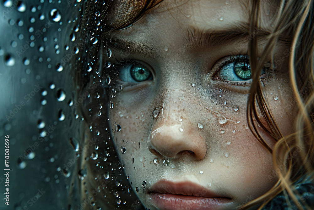 a beautiful young girl sad and depressed looking out of the window with raindrops on the glass window on a rainy day. astonishing green eyes.