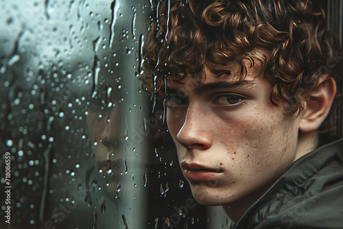 a handsome young guy sad and depressed looking out of the window with raindrops on the glass window on a rainy day.