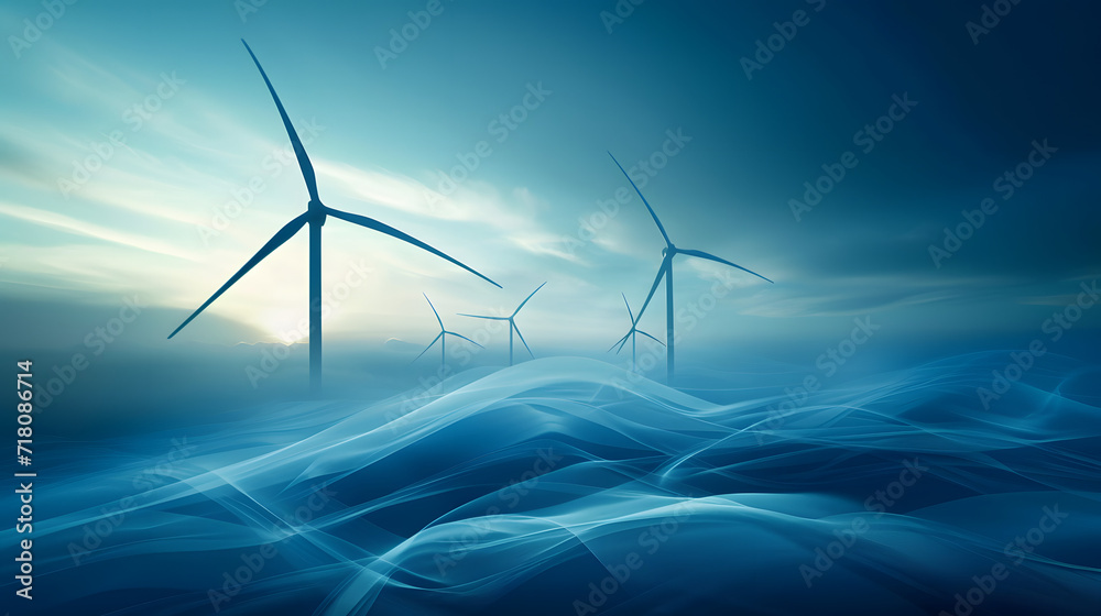 concept idea eco power energy. wind turbine on hill with sunset