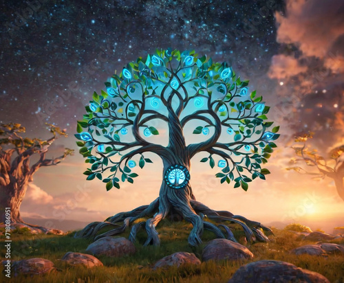 The shining tree of life. Colorful sacred tree of Scandinavian mythology, twisted trunk and lush green leaves. Fruits hang from its branches, and a shining orb is mounted in the center of the trunk.