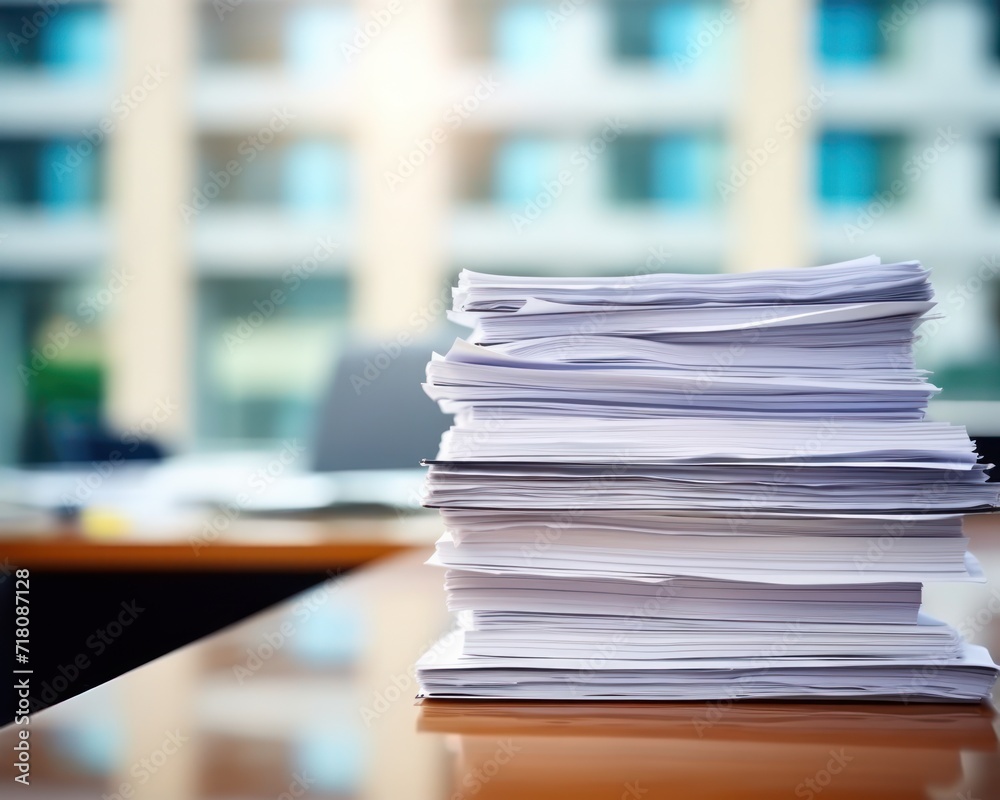 Stack of office documents on desk with copy space illustrating document flow and organization in a professional workplace, education paperwork picture Stack of office documents on desk with copy space illustrating document flow and organization in a professional workplace, education paperwork picture