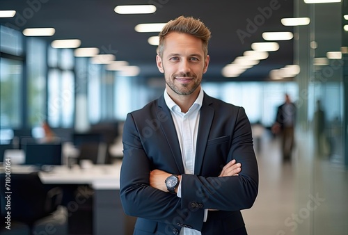 Portrait of handsome young businessman standing with arms crossed in modern office