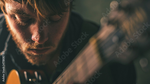 Close-up of a musician lost in the rhythm, capturing the emotional connection to their craft, remarkable faces, musician portrait, hd, emotional with copy space photo
