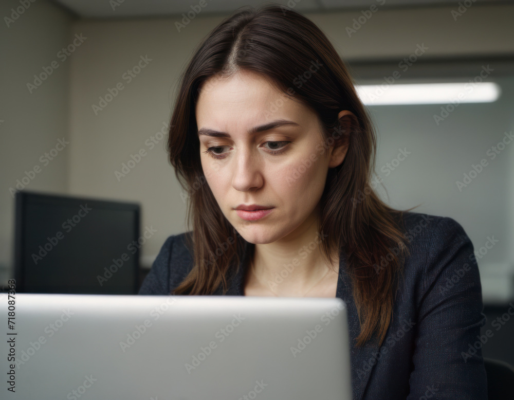 ノートパソコンの画面を見て落ち込む女性
Depressed woman looking at her laptop screen. ノートパソコンの画面を見て落ち込む女性
Depressed woman looking at her laptop screen.