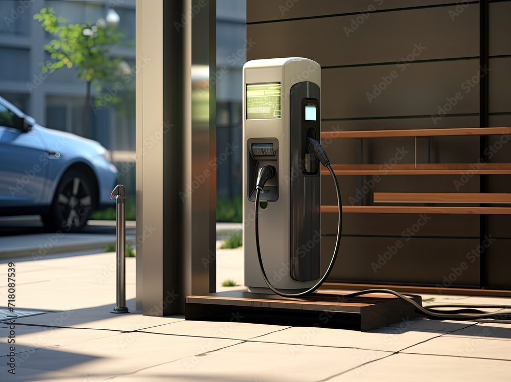 Electric car charging station in city, 3d render. Electric vehicle charging station Electric car charging station in city, 3d render. Electric vehicle charging station