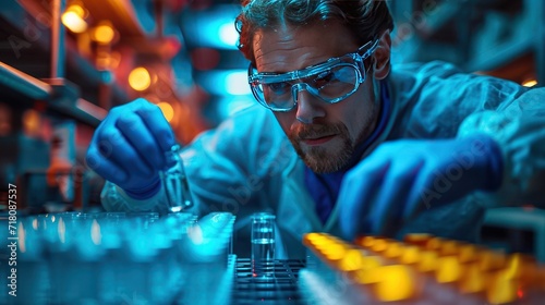 A close-up illustration of a lab technician wearing basic protection while taking a test tube with a sample to be tested