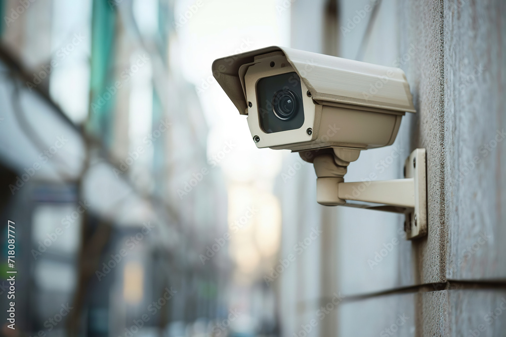 a modern security camera on a building in a city. with blurred background. a modern security camera on a building in a city. with blurred background.