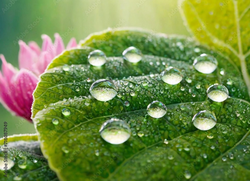 The image showcases a close-up view of green leaves covered in dewdrops, with some droplets suspended in mid-air, capturing the essence of freshness and natural beauty.