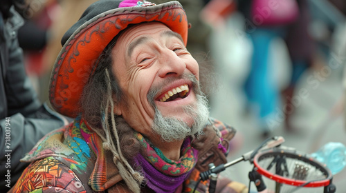 Candid photo of a street performer, capturing the joy and spontaneity in their facial expressions, remarkable faces, street performer portrait, hd, joyful with copy space photo