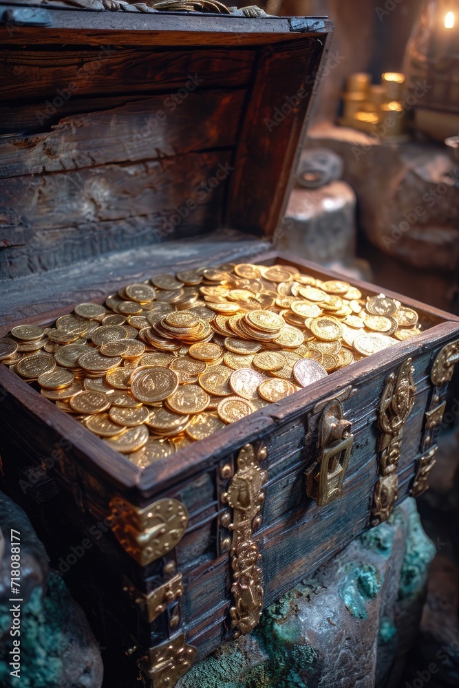 A photo of an ancient treasure chest overflowing with digital coins and USB drives, blending old and new wealth