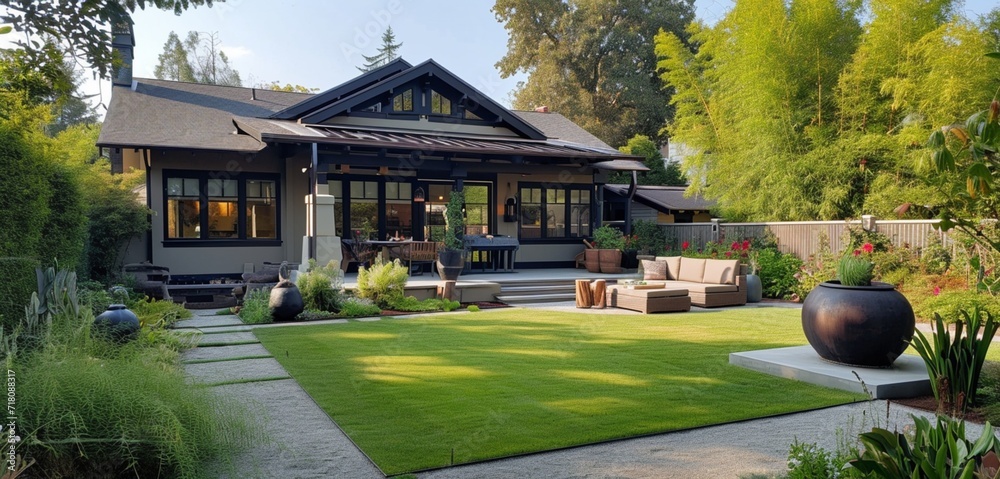 Eagle view of a craftsman house in a warm taupe, with a backyard featuring an urban botanical garden and a series of modern sculptures. Eagle view of a craftsman house in a warm taupe, with a backyard featuring an urban botanical garden and a series of modern sculptures.