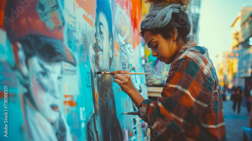 Candid shot of a street artist creating art, capturing the energy and enthusiasm in their face, remarkable faces, street artist portrait, hd, energetic with copy space